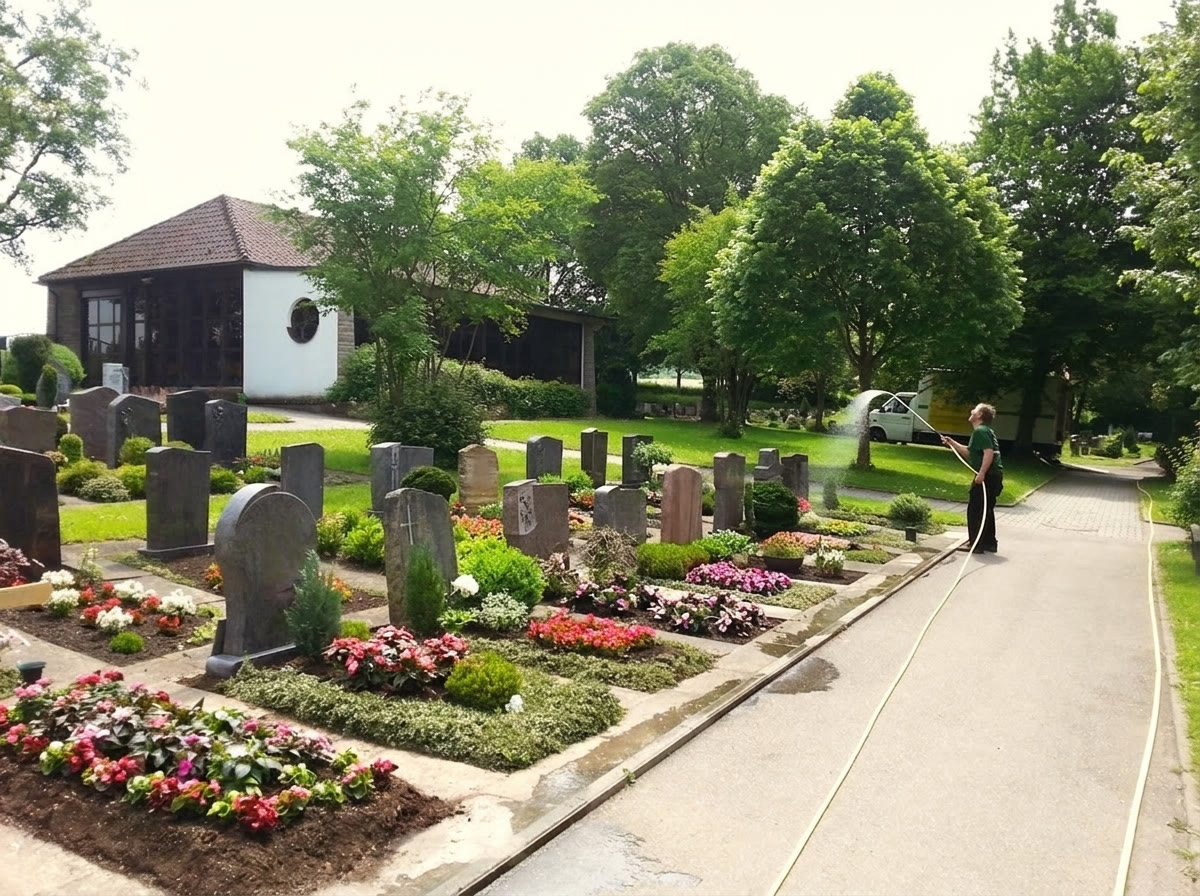 Blick über den Friedhof Weiler mit gepflegten Grabreihen und der Friedhofskapelle – Grab- und Dauergrabpflege der Gärtnerei Schanbacher